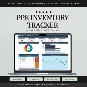 PPE Inventory Spreadsheet for Safety Supplies, Par Levels, Reorder Dashboard and Usage Log