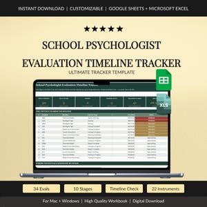May include: A digital School Psychologist Evaluation Timeline Tracker template displayed on a laptop screen. The interface features a dashboard with evaluation metrics, a detailed table of student deadlines, and status indicators for Google Sheets and Excel.