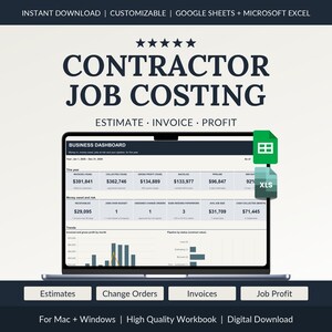 Op de afbeelding: Een digitaal sjabloon voor aannemerscalculaties voor Google Sheets en Microsoft Excel, weergegeven op een laptopscherm. Het dashboard toont bedrijfsstatistieken, financiële trends en grafieken, inclusief iconen voor spreadsheetsoftware.