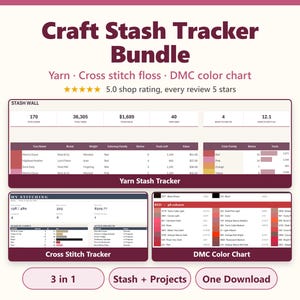 Bundel met tools voor het bijhouden van je handwerkvoorraad, gareninventaris, logboek voor borduurgaren en spreadsheets met DMC-kleurenkaarten.