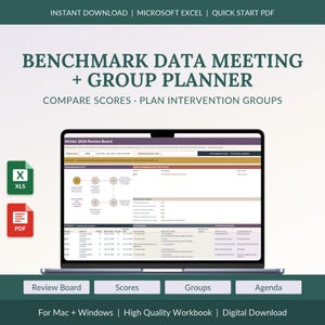 May include: A digital benchmark data meeting and group planner workbook for Microsoft Excel and PDF. The screen displays a Winter 2026 Review Board interface with data tables, preparation paths, and student scores for intervention planning.