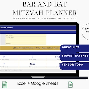 Op de afbeelding: Een digitale Bar en Bat Mitswa planner weergegeven op een laptopscherm. De interface bevat secties voor een gastenlijst, budgetuitgaven en een takenlijst voor leveranciers. De tekst op het scherm luidt Bar and Bat Mitzvah Planner en Excel + Google Sheets.