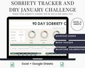 Sobriety Tracker Spreadsheet | Dry January and Sober Streak Log | Mood Triggers Milestones