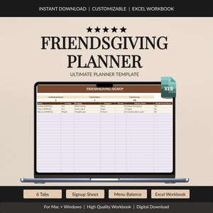 Spreadsheet voor het plannen van een Friendsgiving-diner, aanmelding voor de potluck, menubalans, kostenverdeling (Excel)