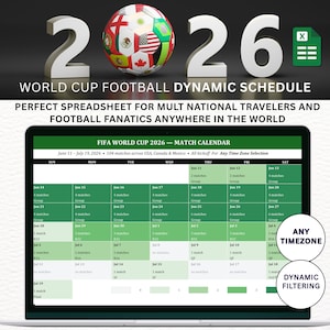 May include: A digital display of the FIFA World Cup 2026 match calendar, with a soccer ball and the numbers "2026" in the background. The spreadsheet is designed for travelers and football fans, with dynamic filtering and any timezone selection.