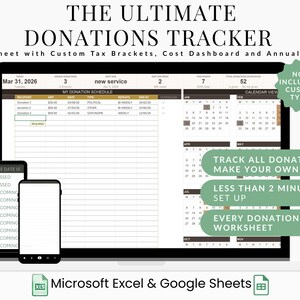 Donation Tracker Spreadsheet for Excel with Giving Calendar Dashboard and Annual Log
