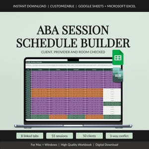 Hoja de cálculo para la programación de ABA, comprobaciones de conflictos de salas para clientes RBT BCBA (Google Sheets)