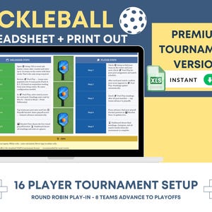 May include: A laptop screen displays a pickleball tournament spreadsheet with instructions. The text "PICKLEBALL SPREADSHEET + PRINT OUT" is at the top. The image also includes the text "PREMIUM TOURNAMENT VERSION" and "16 PLAYER TOURNAMENT SETUP".
