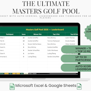 May include: A digital spreadsheet displayed on a laptop screen, featuring a leaderboard for a Masters Golf Pool. The spreadsheet includes participant names, scores, and picks. Text on the screen reads "The Ultimate Masters Golf Pool" and "Instant Download."
