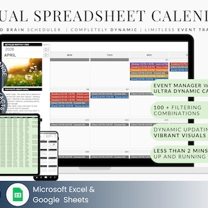 Puede incluir: Un calendario de hoja de cálculo visual digital que se muestra en una computadora portátil, tableta y teléfono inteligente. La pantalla muestra una interfaz de calendario con detalles de eventos. El texto incluye "Visual Spreadsheet Calendar".
