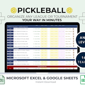 May include: A laptop screen displaying a pickleball tournament bracket. The screen shows a spreadsheet with player names and scores. Text at the top reads "PICKLEBALL ORGANIZE ANY LEAGUE OR TOURNAMENT YOUR WAY IN MINUTES". Includes icons for Microsoft Excel and Google Sheets.