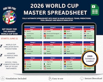2026 World Cup Football Spreadsheet | Match Tracker, Office Pool, Bracket (Excel & Google Sheets)