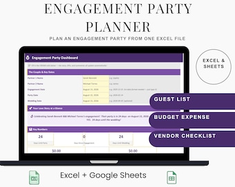 Engagement Party Planner Spreadsheet | Guest List, Budget & Vendor Tracker | Love Story Display + Day-Of Timeline