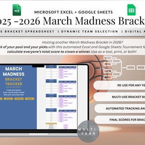 May include: A laptop displaying a March Madness bracket tracker. The screen shows a bracket with team selection options and auto-scoring features. Text includes "2025-2026 March Madness Bracket" and "Multi-Year". The image also features a basketball and trophy.