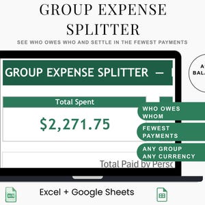 Op de afbeelding: Een laptopscherm met een interface voor een groepsuitgavenverdeler met een totaalbedrag van $2.271,75. Het scherm bevat groene banners met de tekst Who Owes Whom, Fewest Payments, Any Group Any Currency, met daaronder Excel- en Google Sheets-pictogrammen.