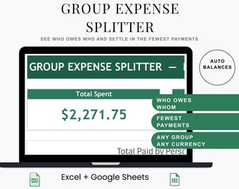 Group Expense Splitter Spreadsheet | Auto Settle Up for Shared Costs | Roommates, Trips & Events