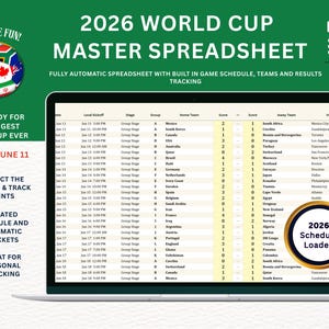 May include: A laptop screen displays a 2026 World Cup master spreadsheet with game schedules, teams, and results tracking. The image includes a soccer ball with flags, the text "Starts June 11," and features for predicting winners and tracking points.