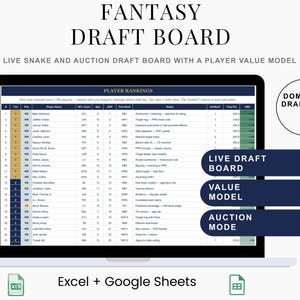 May include: A laptop screen displaying a fantasy draft board spreadsheet with player rankings, columns for team, position, and value. Text includes FANTASY DRAFT BOARD, LIVE DRAFT BOARD, VALUE MODEL, AUCTION MODE, DOMINATE DRAFT DAY, and Excel + Google Sheets.