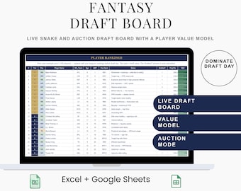 Fantasy Football Draft Board Spreadsheet with Auction Mode and Printable Cheat Sheet