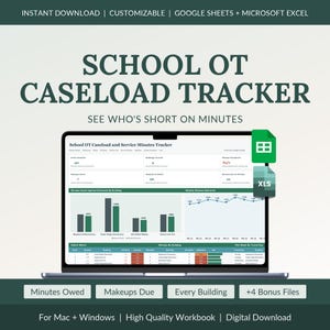 School OT Caseload Tracker Spreadsheet, Occupational Therapy Service Minutes, Goals and Productivity Log