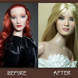 May include: A before-and-after image of a doll's face. The left side shows a doll with red hair and a black leather jacket. The right side shows the doll with blonde hair and a white floral dress. The text "BEFORE" and "AFTER" are at the bottom.