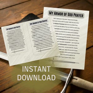Puede incluir: Tarjeta de oración imprimible con fondo beige y texto negro. El texto incluye las palabras "My Armor of God Prayer" y una oración sobre la armadura de Dios. La tarjeta presenta un gráfico de espada en la parte inferior.