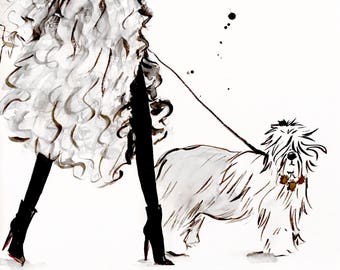 Old English Sheepdog Dog Walker Fashion Illustration Print