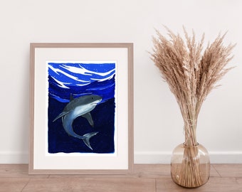 Great White Shark Watercolor and Gouache  Illustration  Print Boy Ocean Nursery Art