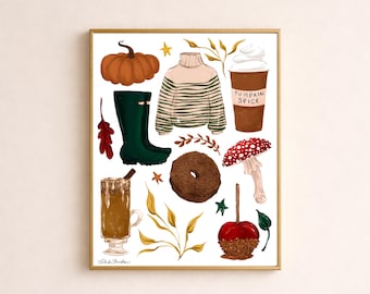 Impresión artística de ilustración con especias de calabaza y elementos esenciales de otoño
