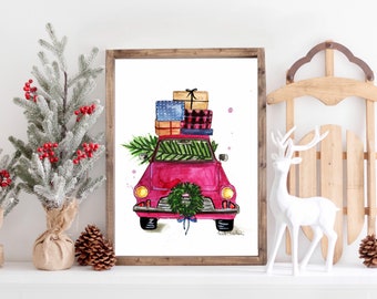 Vintage Christmas Car and Packages Christmas Art Illustration  Print