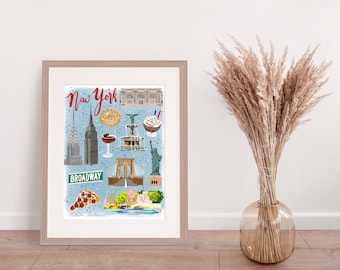 Mapa ilustrado de la ciudad de Nueva York, lámina decorativa colorida de Nueva York, mapa de lugares emblemáticos dibujado a mano, póster de viaje original.