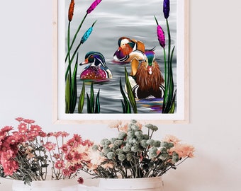 Ducks and Cattails  Print of Original  Illustration