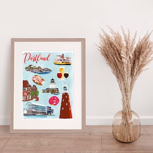May include: A colorful illustration of Portland, Maine, featuring a lighthouse, a ferry, a lobster roll, a donut, and two glasses of beer. The text "Portland" is written in red at the top of the image.
