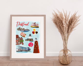 Portland Maine Illustrated Map Print, Colorful Coastal Wall Art, Hand Drawn Landmark Map, Whimsical Travel Poster