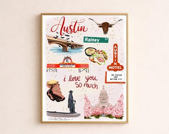 Austin Texas Illustrated Map Print, Colorful City Wall Art, Hand Drawn Landmark Map, Whimsical Travel Poster