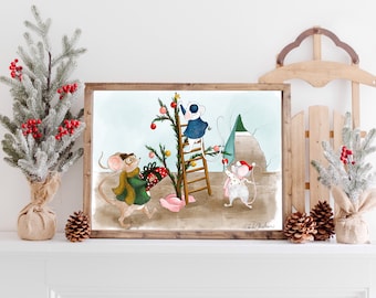 Christmas Mice Decorating Christmas Tree Illustration  Print