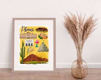Mapa ilustrado de Phoenix, Arizona, lámina decorativa para pared con imágenes de la colorida ciudad del desierto, mapa de lugares emblemáticos dibujado a mano, póster de viaje original.