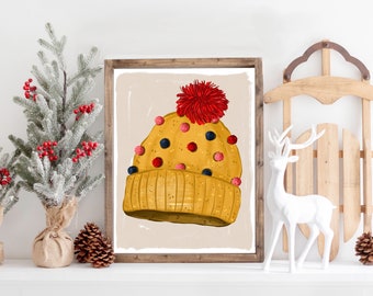 Winter  Beanie Knit Hat  Illustration Print Multi Option Background Color