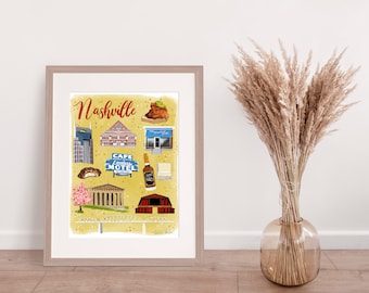 Mapa ilustrado de Nashville, Tennessee, lámina decorativa colorida para la pared, mapa de lugares emblemáticos dibujado a mano, póster de viaje original.