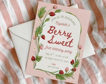 Convite de Aniversário Doce de Morangos para Menina • JPEG Personalizado para o Primeiro Aniversário • Imagem Digital Rosa com Morangos