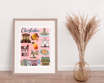Lámina ilustrada de Charleston, Carolina del Sur, arte mural costero a color, mapa de lugares emblemáticos dibujado a mano, póster de viaje original.