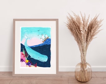 Sperm Whale Ocean Nursery Art Watercolor and Gouache Under The Sea   Illustration  Print