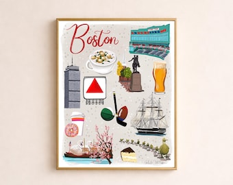 Boston Illustrated Map Print, Colorful Massachusetts Wall Art, Hand Drawn Landmark Map, Whimsical Travel Poster