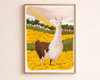 Llama Flores silvestres Brillantes y coloridas Arte de guardería de granja Ilustración animal Lámina artística