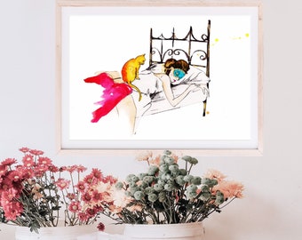 Holly and Cat Print of Original Watercolor Fashion Illustration