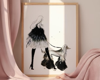 Afghan Hound Fashion Illustration Art Print Women Walking Dogs Chic Feminine Wall Art, Modern Fashion Decor Watercolor