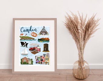 Camden Maine Illustrated Map Print, Coastal New England Wall Art, Hand Drawn Landmark Map, Colorful Travel Poster