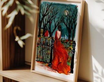 Salem Massachusetts Art Print Gothic Fashion Illustration Spooky Wall Art Whimsical Halloween Decor
