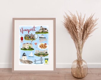 Lámina ilustrada del mapa de Newport, Rhode Island, colorida decoración de pared costera, mapa de la ciudad portuaria dibujado a mano, póster de viaje original.