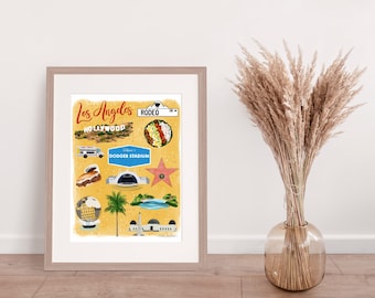 Los Angeles Illustrated Map Print, Colorful California Wall Art, Hand Drawn LA Landmark Map, Whimsical Travel Poster